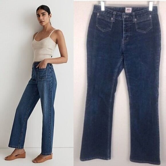 Fiorucci Flare Jeans Sailor Pockets Button Fly Bootcut Y2K VINTAGE Dark Denim 9S - Picture 2 of 13